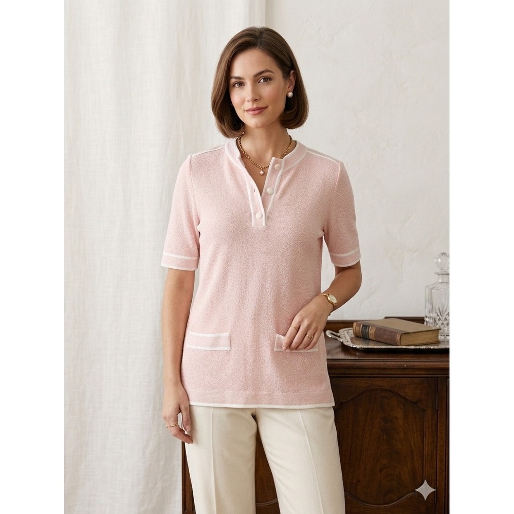 Castleberry Vintage Pink Knit Top Short Sleeve White Trim Preppy USA oldmoney